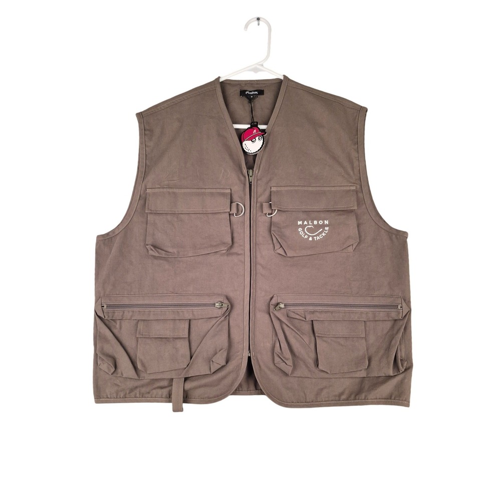 Malbon Golf & Tackle Utility Vest Olive Brown Mens Medium Full Zip Multi-Pocket